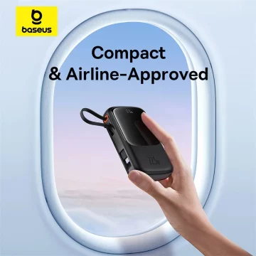 Powerbank Baseus Qpow Pro+ 10000mAh 22.5W z wbudowanym kablem USB-C i wyświetlaczem - czarny