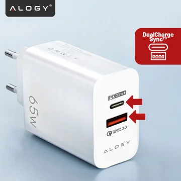Rychlé USB-A QC 3.0 Quick Charge USB-C PD 33W 65W nástěnná nabíječka Alogy White