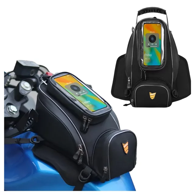 Motorradtasche mit abnehmbarer Handyhülle, wasserdichte Motorradtasche mit Fächern und Tankhalterung, geräumig und robust, MotoRider™ – Schwarz
