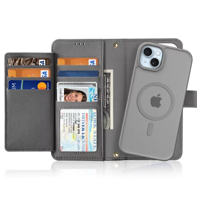 iPhone 15 Dux Ducis Lawa Leather Wallet Case MagSafe Gray