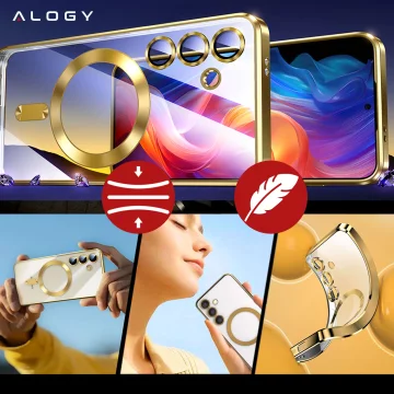 Etui do Samsung Galaxy S24 FE Alogy LuxeShield™️ Glamour Luxury Ring obudowa do MagSafe z osłoną aparatów Złote