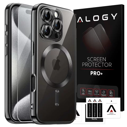 Etui MagSafe Case do Apple iPhone 16 Pro Max Alogy Glamour Luxury Ring obudowa czarno-przezroczyste + SZKŁO HARTOWANE